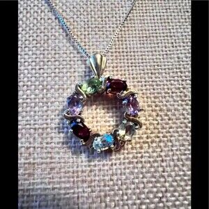 .925 Italy Vermeil Multi Simi Precious Gem stone Necklace 18”